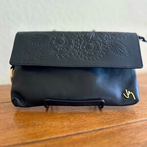 Elegant Black Leather Clutch with Embroidery